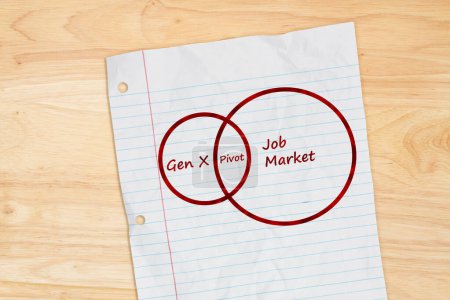 Photo for Gen X needs to pivot in this job market diagram on lined paper on wood desk - Royalty Free Image