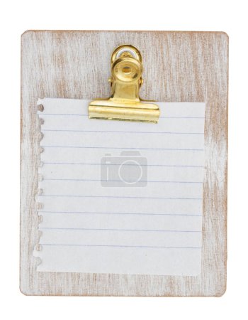 Photo for Weathered wood clipboard with torn paper isolated on white - Royalty Free Image