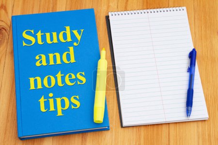 Photo for Study and Notes Tips with retro old blue book with highlighter marker on a desk for reading or school - Royalty Free Image