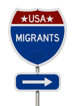 Foto de EE.UU. Migrantes de esta manera mensaje en la carretera señal de tráfico aislado en blanco - Imagen libre de derechos