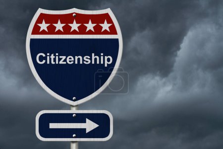 Citizenship this way sign, Blue, Red and White highway sign with words Citizenship with stormy sky background