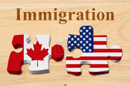 Immigrating from the Canada to USA, Two puzzle pieces with the flags of USA and Canada on wood with text Immigration