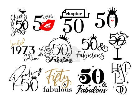 Illustration for Fifty and fabulous 50th birthday celebration. Cake topper shirt template for cut file set. Cheers to fifty years anniversary - Royalty Free Image