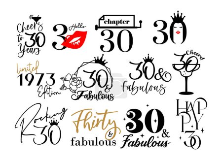 Illustration for Thirty and fabulous 30th birthday celebration. Cake topper shirt template for cut file set. Cheers to Thirty years anniversary - Royalty Free Image