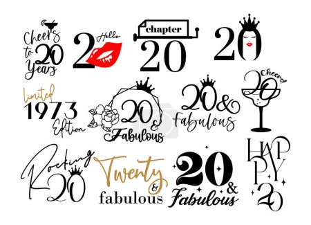 Illustration for Twenty and fabulous 20th birthday celebration. Cake topper shirt template for cut file set. Cheers to twenty years anniversary - Royalty Free Image