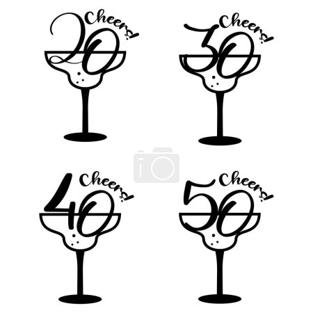 Illustration for Cheers and fabulous 50th 40th and 30th birthday celebration. Cake topper shirt template for cut file set. Cheers to fifty forty years anniversary - Royalty Free Image