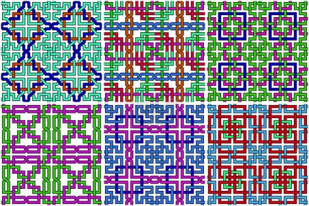 Conjunto de seis cuadrados para papel pintado o fondo con patrones celtas de colores para una superficie decorativa y dibujo sin costuras
