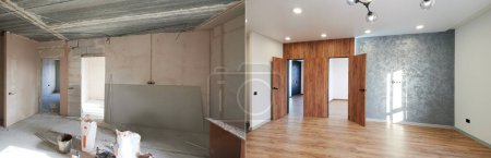 Vergleich von altem Raum mit Bauwerkzeug und neu renoviertem Raum. Fotocollage der Wohnung vor und nach der Restaurierung. Konzept der Wohnungsrenovierung.