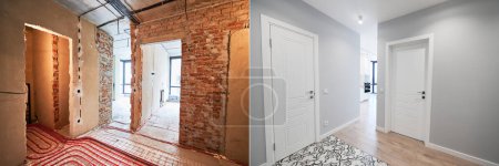 Photo for Comparison of old apartment before restoration and new renovated flat with modern interior design. Apartment with underfloor heating pipes before and after renovation. - Royalty Free Image