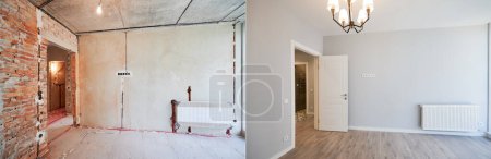 Photo for Photo collage of apartment room before and after restoration or refurbishment. Old room with doorway and new renovated living room with parquet floor and elegant interior design. - Royalty Free Image