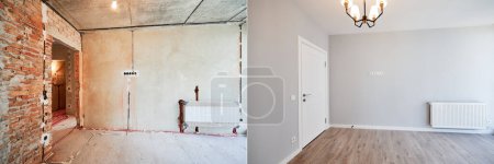 Fotocollage der Wohnung Zimmer vor und nach der Restaurierung oder Renovierung. Altes Zimmer mit Tür und neues renoviertes Wohnzimmer mit Parkettboden und elegantem Interieur.