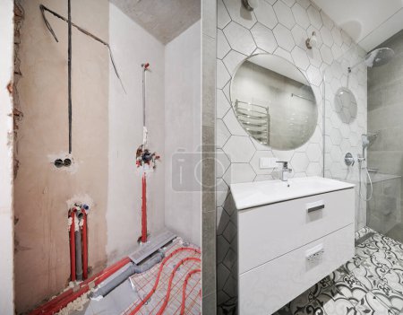 Photo collage of apartment bathroom before and after restoration. Comparison of old room with underfloor heating pipes and new renovated restroom with sink, shower and mirror.