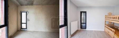 Comparison of children room with wooden bunk bed before and after restoration. Photo collage of old apartment with door and new renovated flat with parquet floor and kid house bed.