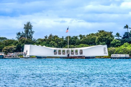Photo for USS Arizona Memorial Dock Pearl Harbor Honolulu Oahu Hawaii Memorial is over Arizona battleship sunk at time of Pearl Harbor attack December 7, 1941 killing thousands still in the ship - Royalty Free Image