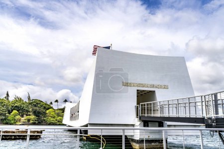 Photo for Entrance USS Arizona Memorial Dock Pearl Harbor Honolulu Oahu Hawaii Memorial is over Arizona battleship sunk at time of Pearl Harbor attack December 7, 1941 killing thousands still in the ship - Royalty Free Image