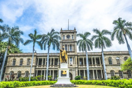 Photo for King Kamehameha I Statue State Supreme Court Building Honolulu Oahu Hawaii King founded Kingdom of Hawaii uniting Hawaiin islands Dedicated in 1883 by Thomas Gould Front of Aliiolani Hale building - Royalty Free Image