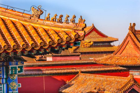 Photo for Roof Figurines "Bitter End" Decorations Yellow Roofs Gugong Forbidden City Emperor's Palace Beijing China Built in the 1400s in the Ming Dynast - Royalty Free Image