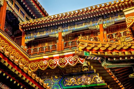 Photo for Roofs Figures Decorations Yonghe Gong Buddhist Lama Temple Beijing China Built in 1694 Yonghe Gong is the largest Buddhist Temple in Beijing - Royalty Free Image