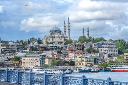 Photo for Bridge Blue Mosque Bosphorus Ships Restaurants Istanbul Turkey. Blue Mosque or Sultan Ahmed Mosque built in 1616 by Ottoman Turks - Royalty Free Image