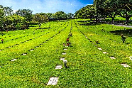 Photo for Graves Punchbowl National Cemetary of Pacific Honolulu Oahu Hawaii Dedicated 1949 for soldiers, sailers and airmen killed in Pacific in WW 2, Vietnam, Korea other wars. - Royalty Free Image