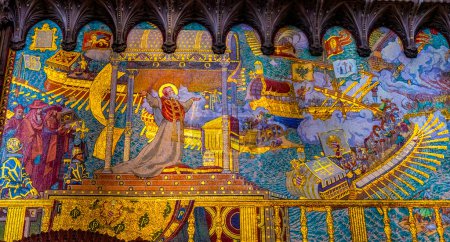 Photo for Lyon, France - January 6, 2022 Colorful Gilded Battle of Lepanto Mosaic Basilica of Notre Dame de Fourvire Lyon France. Lepanto 1571 Pope and Christians defeated Turks in Greece. Church built from 1872 to 1896. - Royalty Free Image