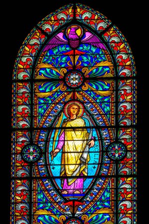 Photo for Lyon, France - January 6, 2022 Saint Cecilia Colorful Stained Glass Basilica of Notre Dame de Fourvire Lyon France. Built from 1872 to 1896. Dedicated to Virgin Mary. Cecilia is Roman martyr killed in 230 AD and patron saint of music. - Royalty Free Image