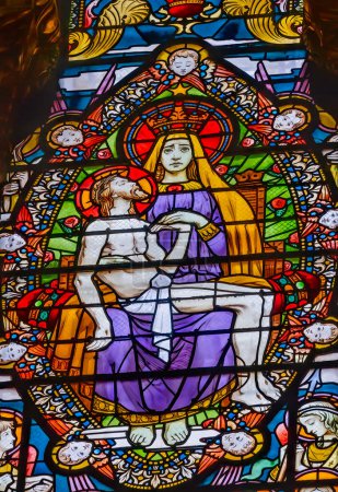 Photo for Lyon, France - January 6, 2022 Pieta Virgin Mary Crucified Jesus Colorful Stained Glass Basilica of Notre Dame de Fourvire Lyon France. Built from 1872 to 1896. Dedicated to Virgin Mary. - Royalty Free Image