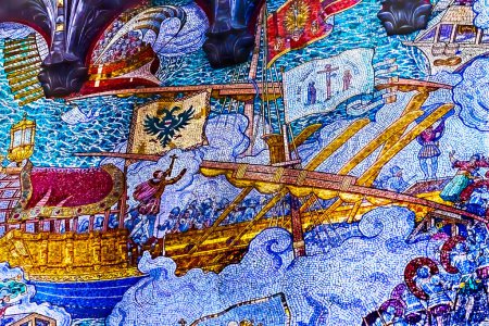 Photo for LYON, FRANCE - JANUARY 6, 2022 Colorful Gilded Battle of Lepanto Mosaic Basilica of Notre Dame de Fourvire Lyon France. Lepanto 1571 Pope and Christians defeated Turks in Greece. Church built from 1872 to 1896. - Royalty Free Image