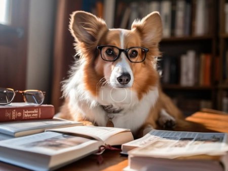 El perro inteligente Corgi en gafas está leyendo un libro. Día del Amante del Libro. Generative Ai. ilustración de alta calidad