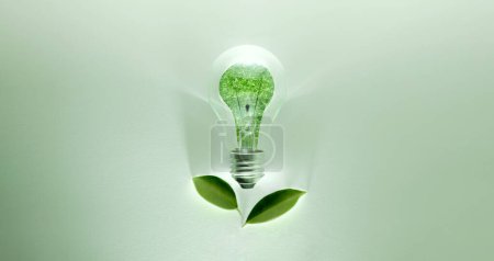 Grüne Energiekonzepte. Drahtlose Glühbirne mit grünem Blatt als Zeichen des eingeschalteten Lichts. CO2-neutral und emissionsfrei, ESG für saubere Energie. Nachhaltige Ressourcen, erneuerbare Energien und Umweltschutz