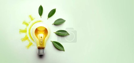 Téléchargez les photos : Green Energy Concepts. Ampoule sans fil entourée de feuilles vertes comme signe de lumières allumées. Carbon Neutral and Emission ,ESG for Clean Energy. Ressources durables, énergies renouvelables et protection de l'environnement - en image libre de droit