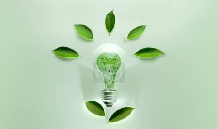 Téléchargez les photos : Green Energy Concepts. Ampoule sans fil avec la forme de feuille verte comme signe de lumières allumées. Carbon Neutral and Emission ,ESG for Clean Energy. Ressources durables, énergies renouvelables et protection de l'environnement - en image libre de droit