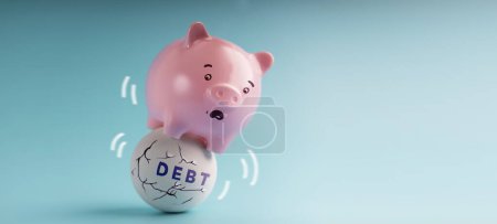 Foto de Conceptos de deuda. Crisis económica. un Pink Piggy Bank en Shocked Face tratando de equilibrar el cuerpo en la bola de la deuda inestable Shaking - Imagen libre de derechos