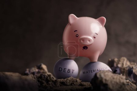 Photo for Enemies of Financial Success Concepts. Economic and Savings Crisis. a Pink Piggy Bank in Shocked Face on Unstable Ball of Debt  and Materialism. trying to pass through on the Rough Road - Royalty Free Image