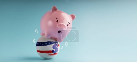Foto de Conceptos de recesión. Crisis económica en Estados Unidos. un Pink Piggy Bank en Shocked Face tratando de equilibrar el cuerpo en el Shaking American US Dollars Ball - Imagen libre de derechos