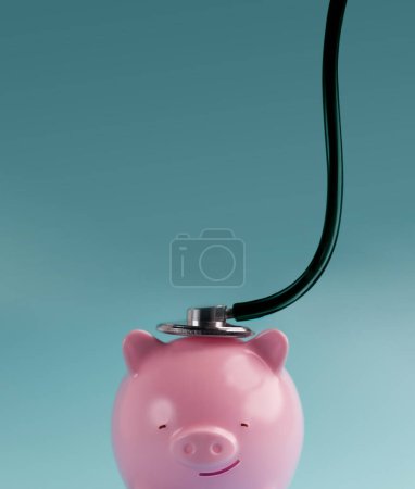 Photo for Finanacial Checkup, Review Concept. Meeting with a Financial Expert Doctor for Examination of Valuable Financial Assets, Money, Cost, Debts, Retirement Contributions. a Pink Chubby Smiling Piggy Bank with Stethoscope - Royalty Free Image