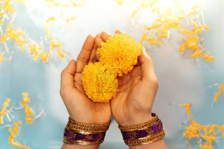 Photo for Hindu Ceremonies, Rituals, Spirituality, Religion and Hope Concept. Woman Holdings Marigold Flowers in Water , Respect and Surrender. Garlands are offered to Honor Gods and Goddesses - Royalty Free Image