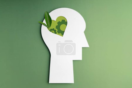 Photo for Optimistic Mind, Harmony and Environmentalism Person Concept. made by Paper and Real Green Leaf. Conceptual Photo of Mental Health - Royalty Free Image
