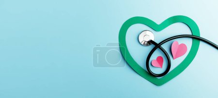 Photo for Health Care Awareness Concept. International World Heart Day. Paper Cut as Heart Shape with Stethoscope in Top View. Life, Love and Care for Heart and Cardiovascular - Royalty Free Image