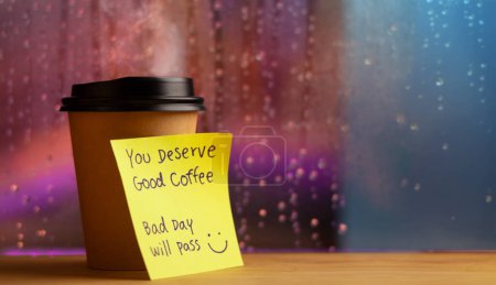 Photo for Mental Health, Comfortable and Encouragment Concept. Message on Coffee Cup to Heal a Negative Mood on Rainy Day - Royalty Free Image