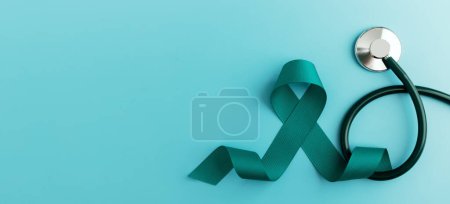 Photo for Ovarian and Cervical Cancer Awareness. a Teal Ribbonin with Stethoscope in Top View. Uterus, Female Reproductive System, Women's Health, PCOS and Gynecology - Royalty Free Image