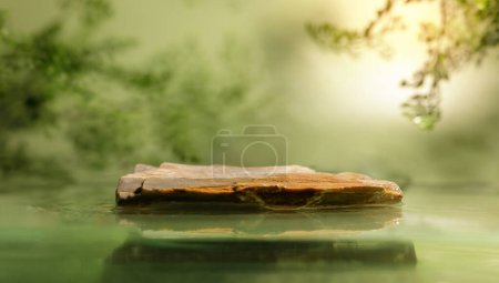 Photo for Side View of a Stone Display Stand for Product. with Green Freshness Water Ripple and Tree Branch Shadow. Background for Cosmetic, Organic and Sustainable Products - Royalty Free Image
