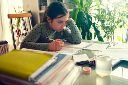 Photo for Home school. Cute little girl doing homework at home. Studying in the living room. - Royalty Free Image
