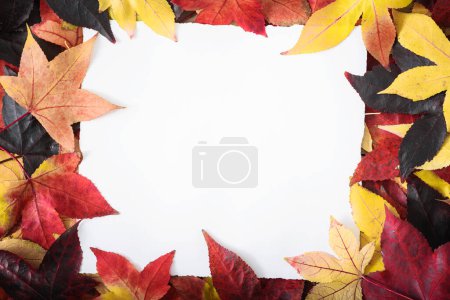 Foto de Fondo temporada otoño, tarjeta con espacio de copia. Lay plano hecho de coloridas hojas rojas, amarillas, anaranjadas - Imagen libre de derechos