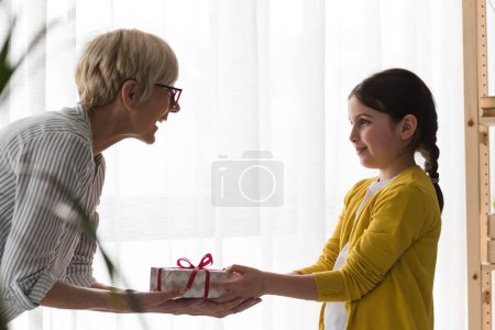 Téléchargez les photos : Mamie présente un cadeau à sa petite-fille - en image libre de droit