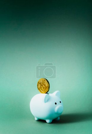 Photo for White piggy bank and coin on green color background. Saving, money accumulation, investment, banking or business services, wealth concept. Copy space advertising mock up - Royalty Free Image