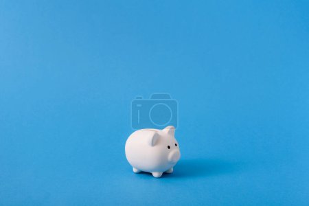 Photo for White piggy bank on blue color background. Saving, money accumulation, investment, banking or business services, wealth concept. Copy space advertising mock up - Royalty Free Image