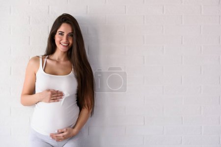 Téléchargez les photos : Jeune belle femme enceinte debout sur le mur de briques - en image libre de droit