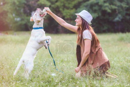 Foto de Mujer joven jugando con el lindo Labrador Retriever en el parque público. Perro mejor amigo. - Imagen libre de derechos