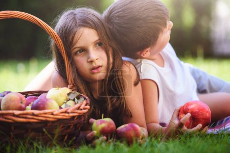 Téléchargez les photos : Frère et soeur posant avec panier plein de pommes - en image libre de droit